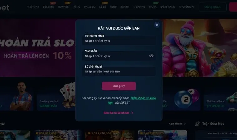 Giao diện đăng ký Rikbet